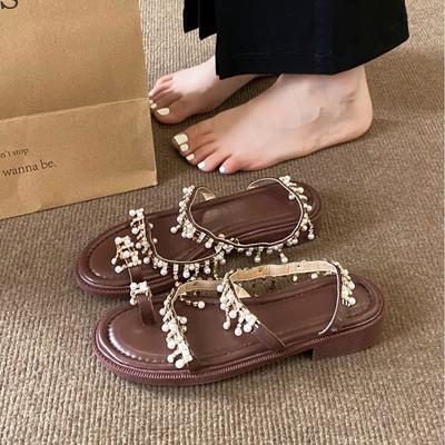 Легкие сандалии женские с мягкой подошвой, с открытой пяткой, богемные римские туфли, со стразами на пальцах, французский вечерний стиль, на плоской подошве, пляжные, приморские