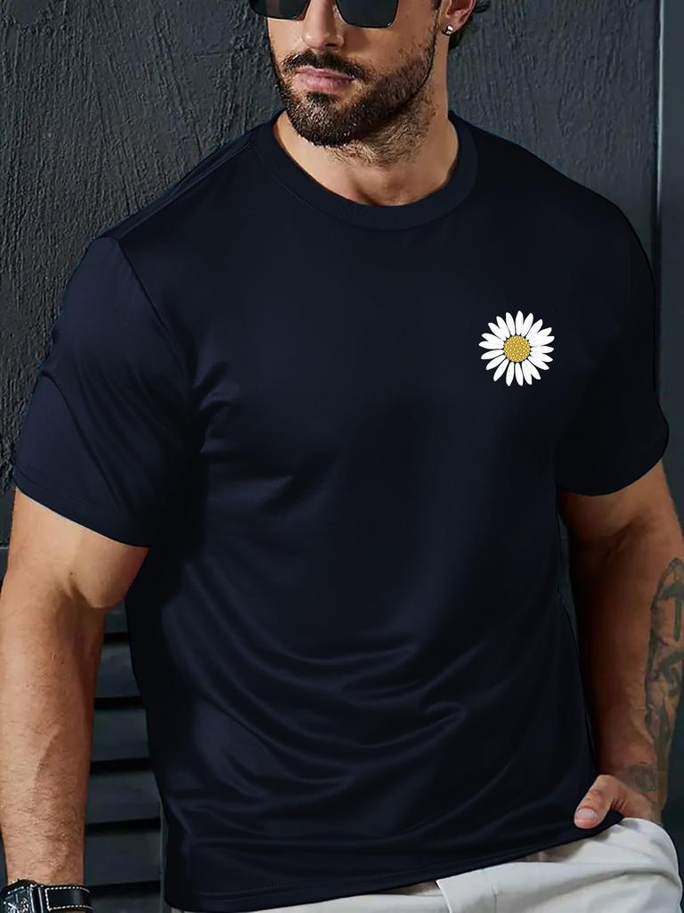 Unisex Crew Neck Tee Tiny Daisy Chest Flower Print Short Sleeve Loose Oversized Male Daily Casual Breathable Soft Basic Wear Top