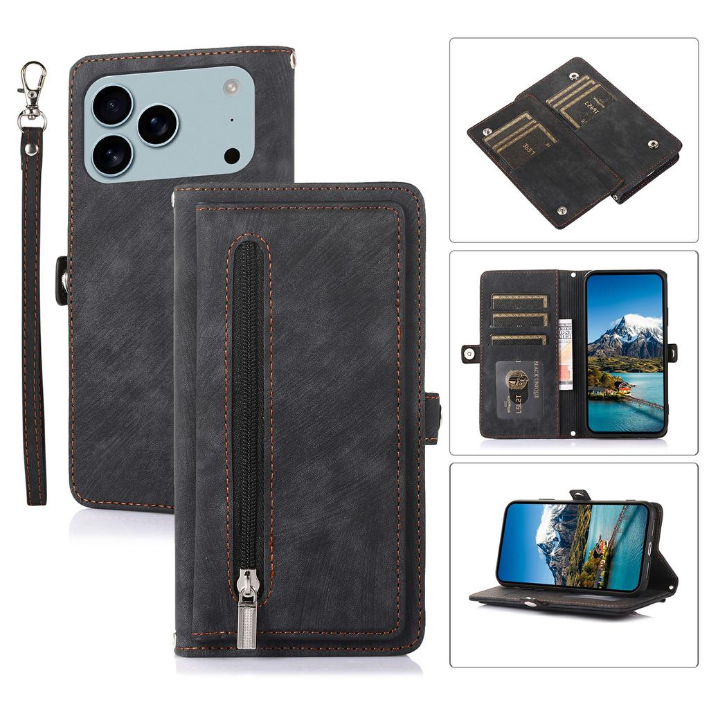 For iPhone 17 Pro Case Zipper Pocket 9 Card Slots PU Leather Phone Cover with Wrist Strap