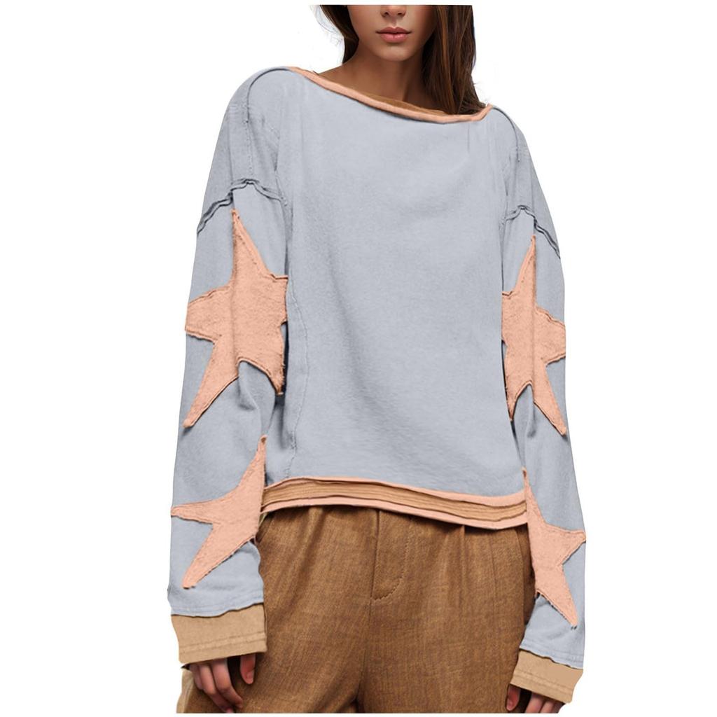 Womens Oversized Sweatshirt Graphic Sweater Long Sleeve Drop Shoulder Round Shirt Tops Vintage Clothes