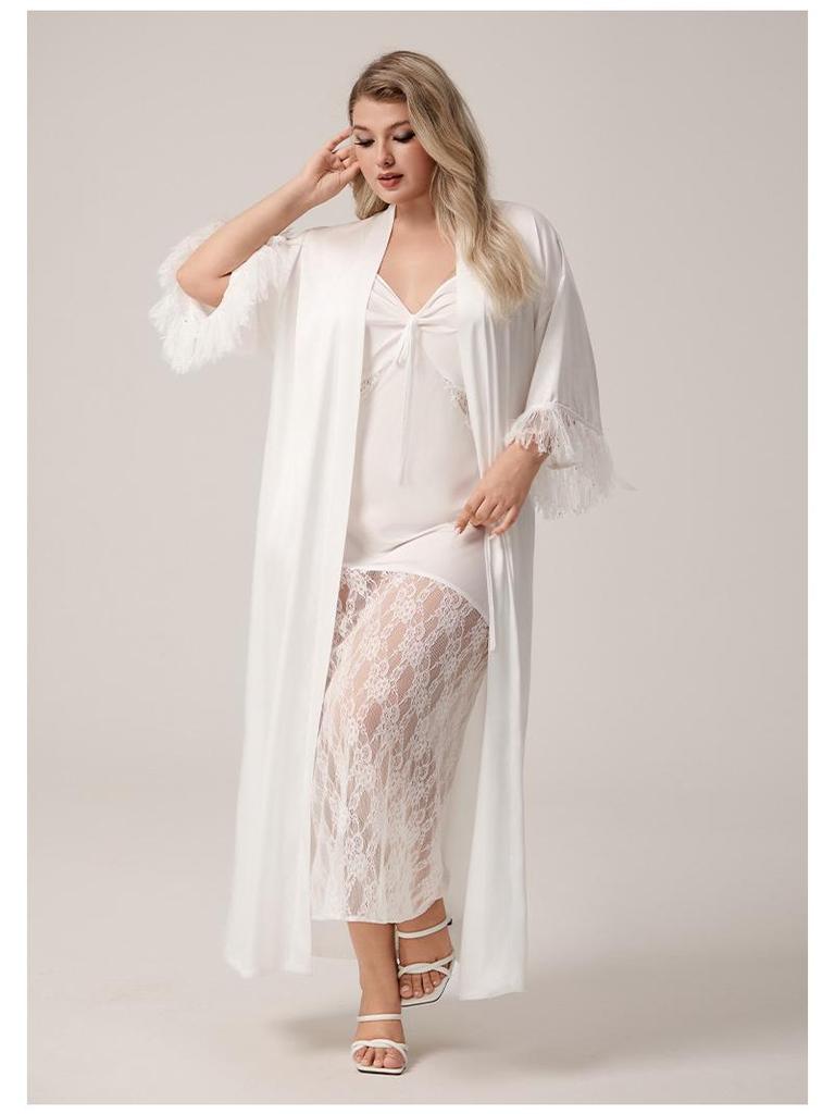 Yaoting Plus Size Satin Chiffon Feather Long Robe Pajamas WP5013