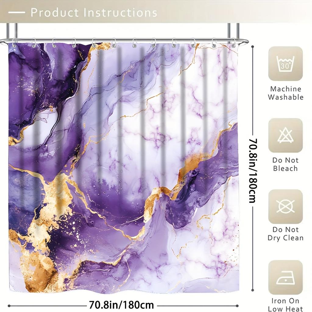 Набор из 4 предметов для ванной комнаты: шторка для душа, фиолетово-золотистый узор, занавеска для ванной комнаты с 12 крючками, противоскользящие коврики, коврик для крышки унитаза, перегородка для ванной