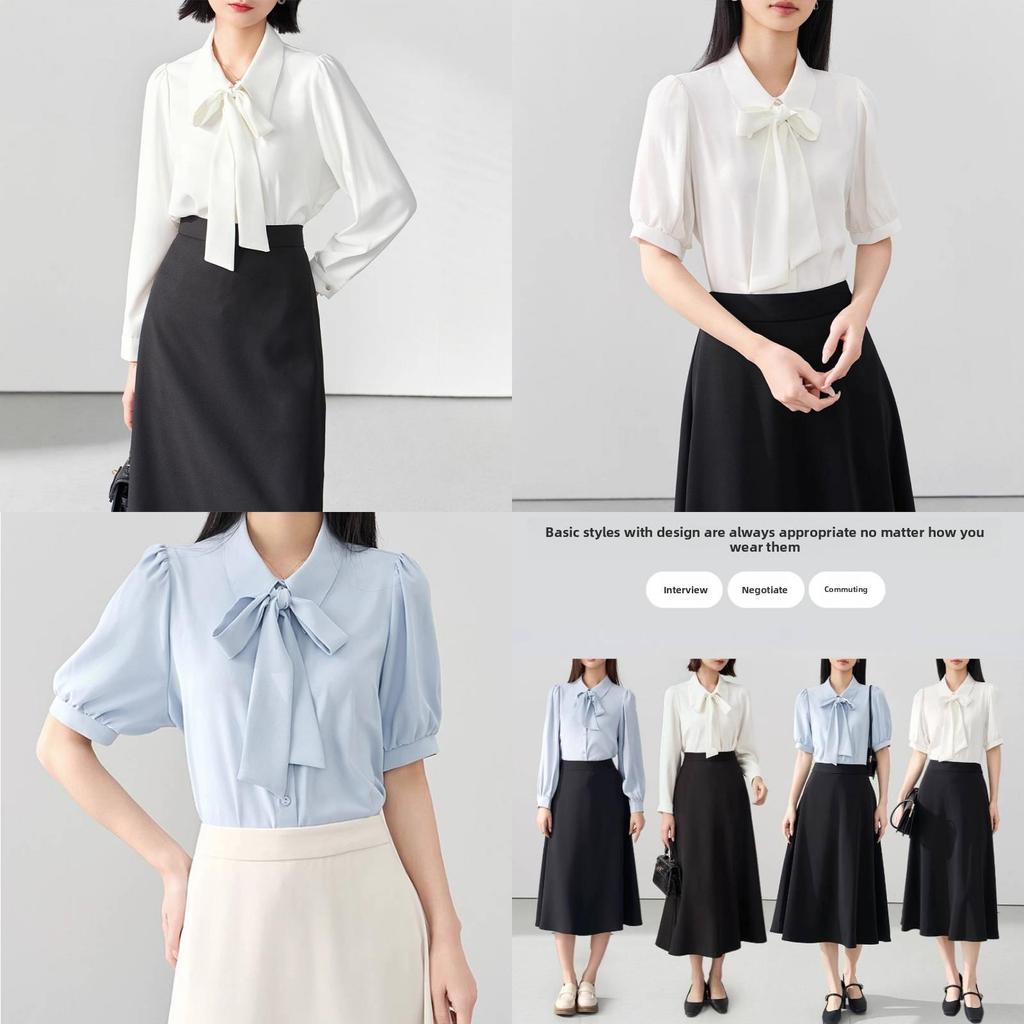 French Style White Butterfly Tie Blouse With Detachable Sash For Elegant Workwear