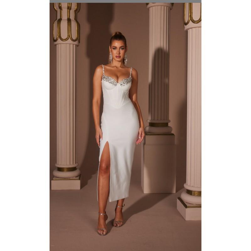 Elegant Rhinestone-Embellished Strapless Bandage Dress Women French Chic Formal Evening Party Gown In Solid Colors