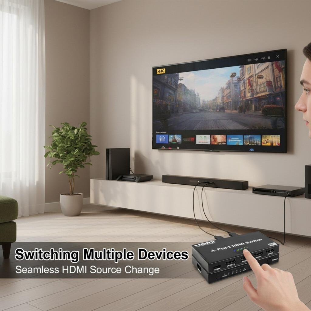 HDMI 4x1 Switch 4-Input 1-Output HDMI Switch HDMI Selector Supporting 4K@30Hz Ultra HD Includes Remote Control 10.2 Gbps High-Speed Data Transfer