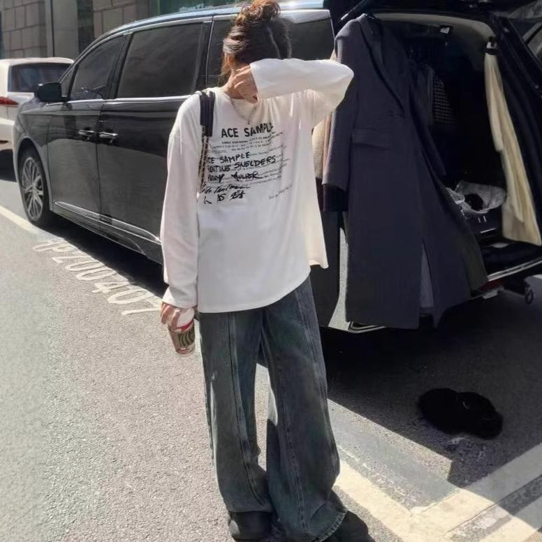 2025 Весна Осень Белая Футболка с буквенным принтом для женщин Harajuku Футболки с длинным рукавом и круглым вырезом Повседневная футболка большого размера Женские топы y2k уличная одежда