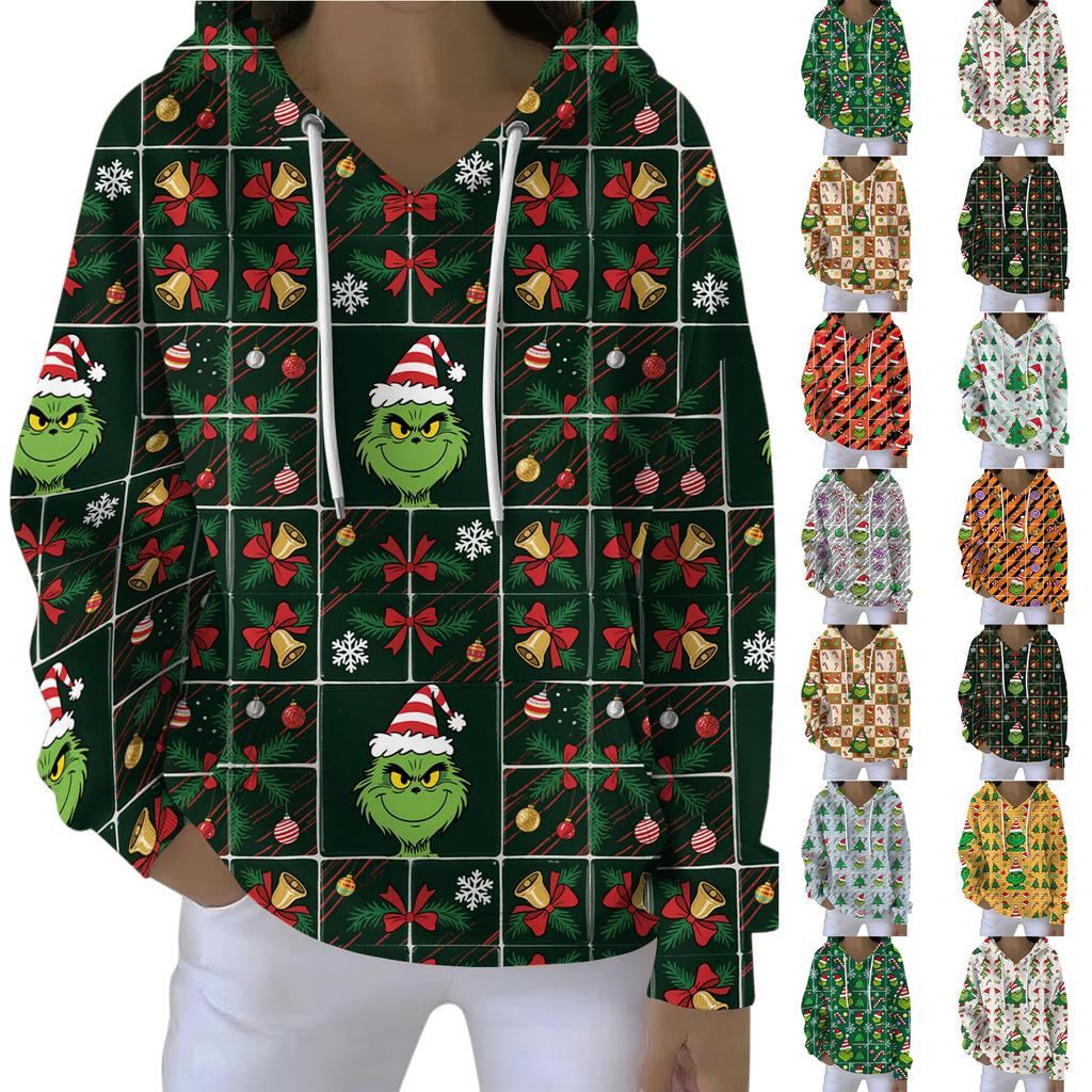 Ladies' Loose And Comfortable Drawstring V-neck Long Sleeved Christmas Printed Sweatshirt