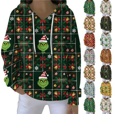 Женский свободный и удобный свитшот с V-образным вырезом на кулиске, с длинными рукавами и рождественским принтом