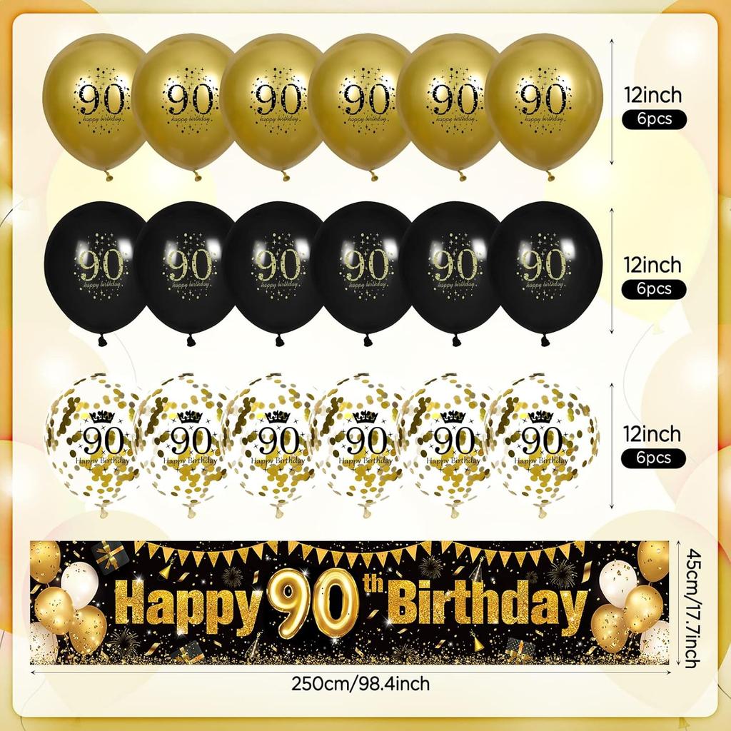 Black Gold 90th Birthday Decorations for Men Women Happy 90th Birthday Yard Banner Sign Decor and 18 PCS Latex Balloons for 90 Year Old Anniversary