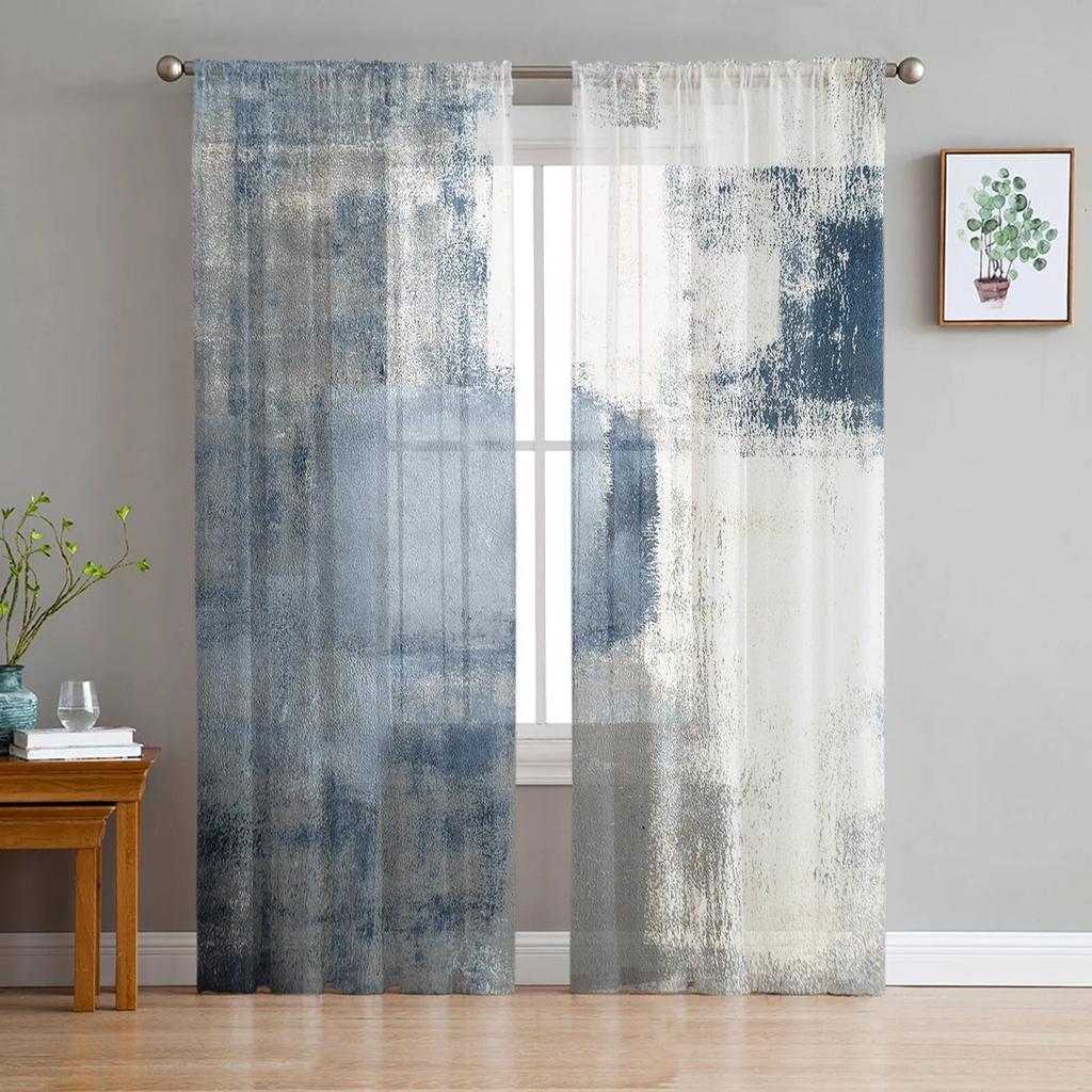 Luxury Tulle Curtains Color Painting Modern Living Room Kitchen Chiffon Curtain Youth Bedroom Sheer Floor Valance Curtain