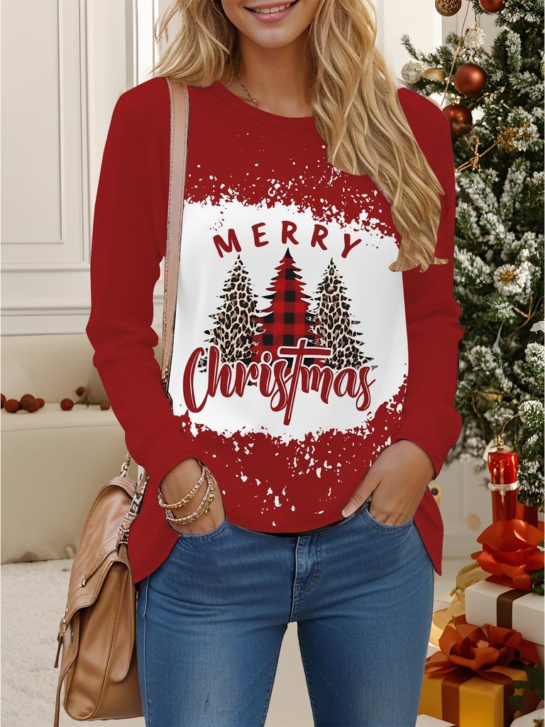 Tops for Women 3D Christmas Print Round Neck Long Sleeve T-shirt Fall Casual Slim Pullover Women's Long Sleeve Top