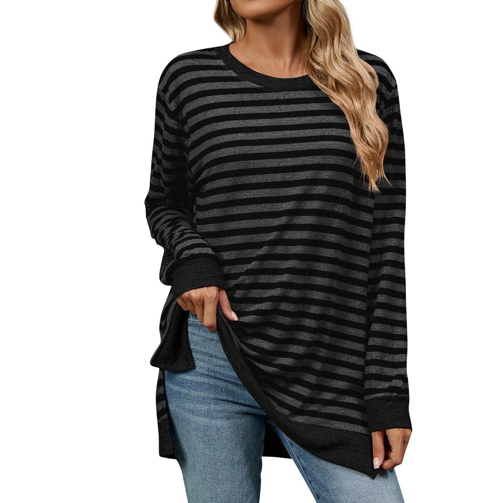 Женская модная полосатая контрастная круглая горловина на плече с длинным рукавом повседневная футболка топ