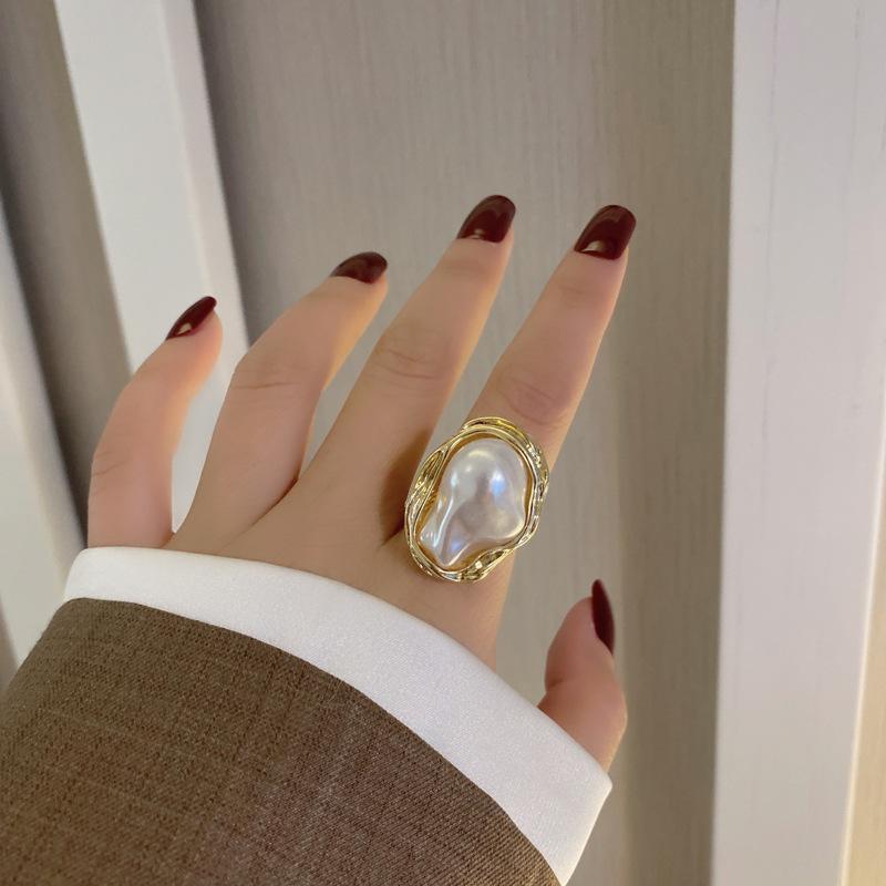 Geometrical Irregular Baroque Pearl Ring for Women Vintage Open Adjustable Index Finger Rings Party Jewelry