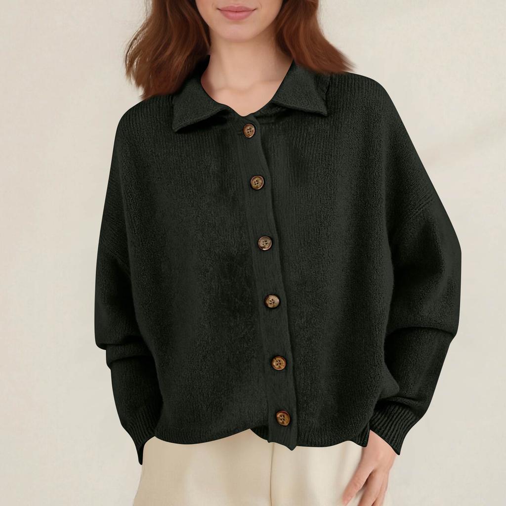Women's Fashion Casual Solid-Colour Long-Sleeved Button-Front Knitted Collared Cardigan