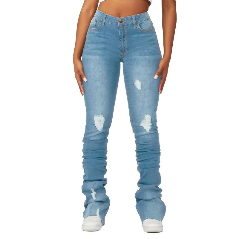 VibeStreet Washed Denim Straight Pants Women Ankle Length Jean Ripped Hole Distressed Pockets Solid Casual Skinny Vintage High Waist