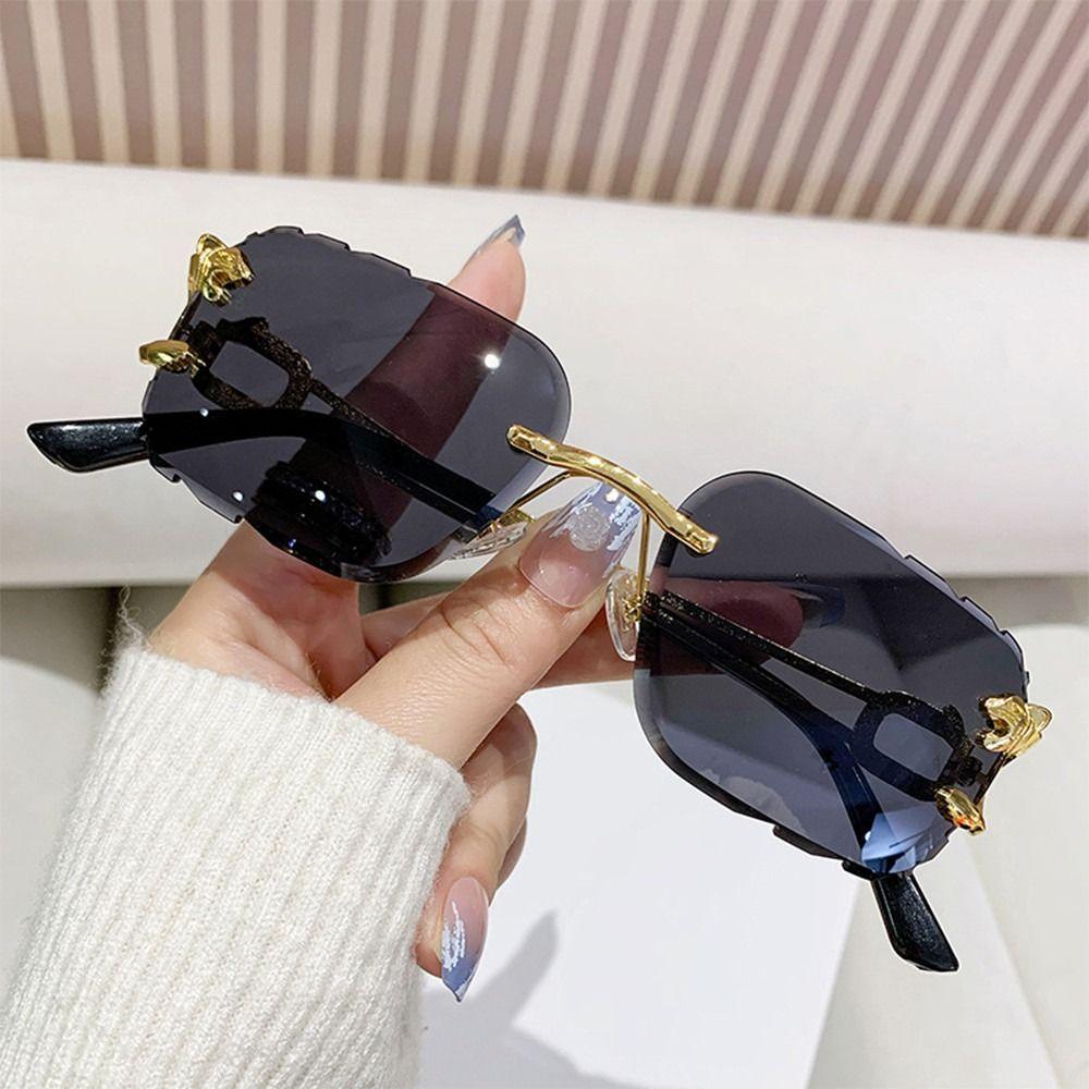 Vintage Rimless Cut Edge Sunglasses Metal Temples UV400 Cheetah Design Sunglasses Rectangle Sun Glasses for Women & Men