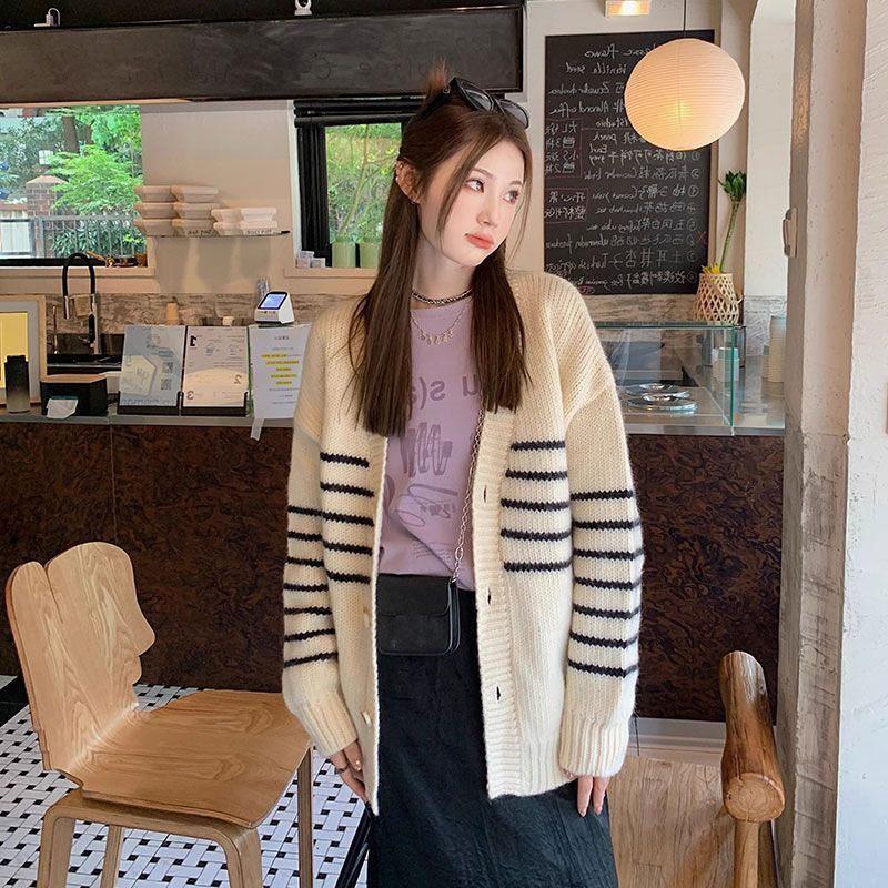 Вязаный кардиган в полоску, свободный свитер с длинными рукавами, универсальный женский топ, осень 2023, повседневный свитер с v-образным вырезом, кардиган, женские топы