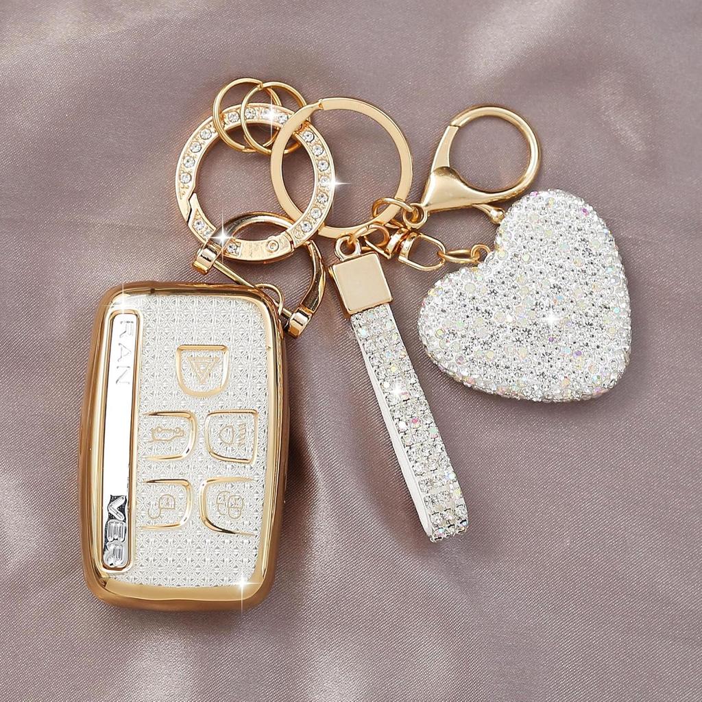 for Land Rover Key Fob Cover with Heart Keychain for Women, Compatible with Range Rover Evoque Sport Velar Land Rover Discovery Jaguar F-Pace F-Type