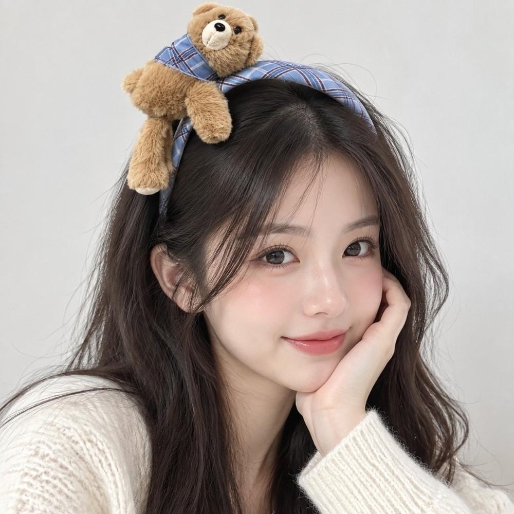 Soft Cute Hair Hoops Fluffy Cartoon Bear Headwear Gingham Tiaras Plaid Headbands Skincare Routine