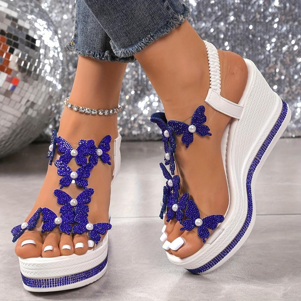 2025 New Fashoion Wedge Women's Sandals Butterfly Pearl Decoration Word with Diamond Designer Women's Sandals Sandalias De Mujer