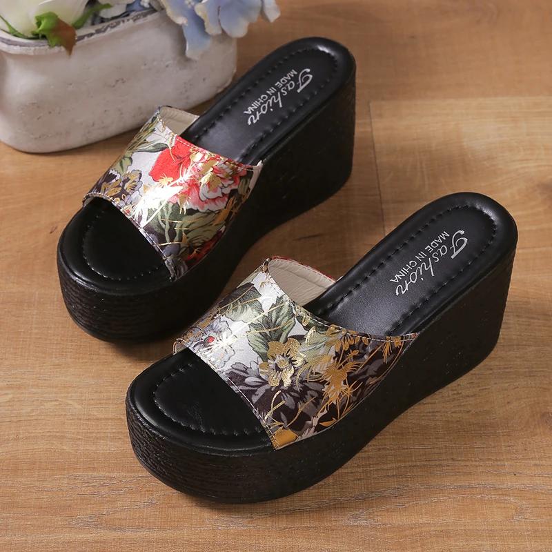 High Quality Women's High Heel Slippers Fashion Print Platform Sandals Outdoor Beach Wedges Shoes Casual Summer Slippers Women