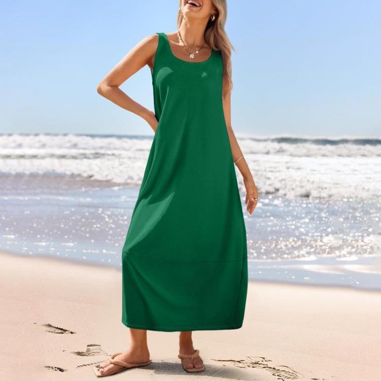 Summer Women's Casual Loose Sleeveless Round Neck Sundress Long Beach Dress
