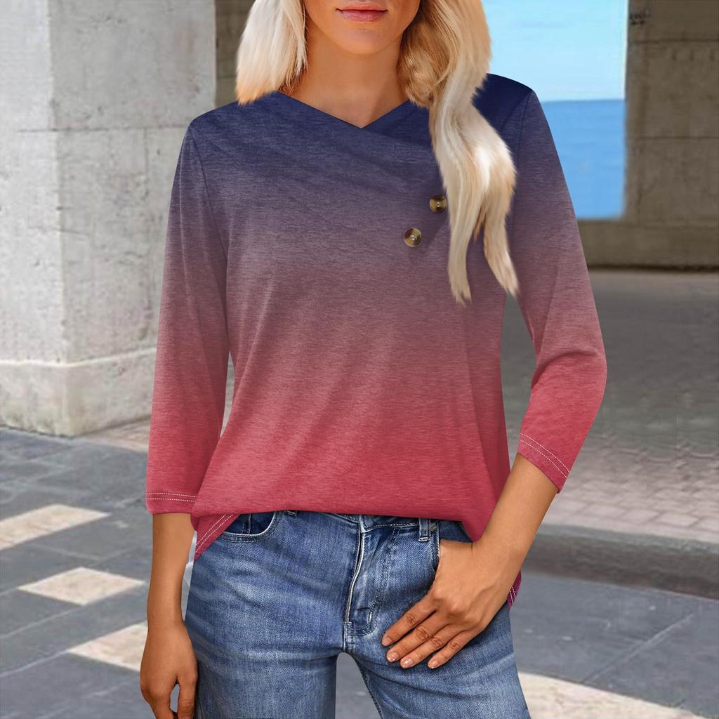 Женская модная повседневная футболка с принтом в виде градиента, рукавами-семиточками, V-образным вырезом и застежкой на пуговицы