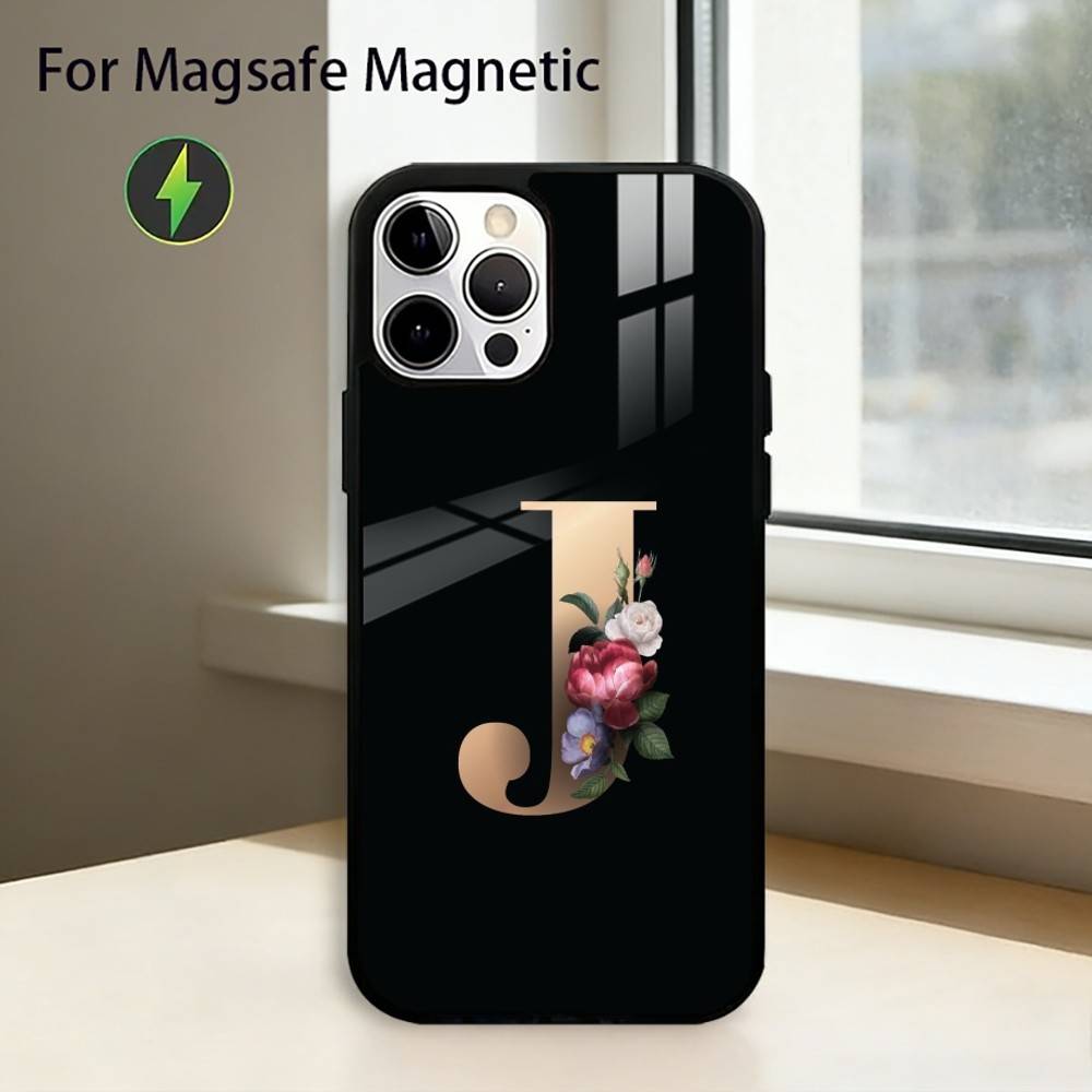 Flowers Initial L-Letter Phone Case For iPhone17,16,15,14,13,12,11 Plus,Pro Magnetic For Magsafe Wireless Charging