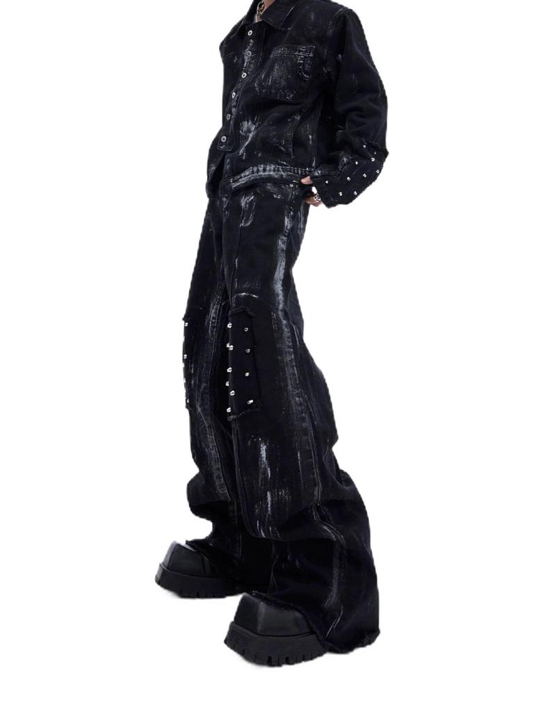 Clean-Fit Men's Distressed Loose Straight-Leg Jeans with Deconstructed Metal Rivets and Micro Flare Design