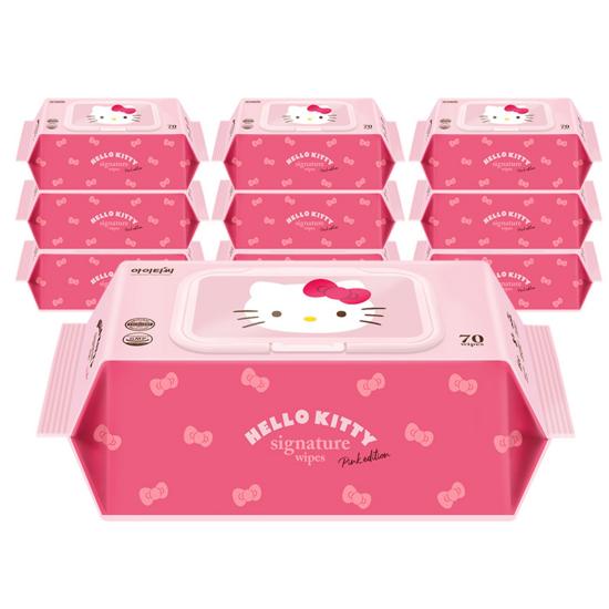 Hello Kitty Signature Wet Wipes Cap Type, 70 Sheets, 10 Packs, a Popular Character In Korea