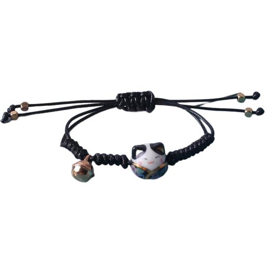 Браслет на запястье, керамический декор в виде кошки, маленький колокольчик, ручная работа, регулируемый, декоративный, темпераментный, плетеный, веревочный, подвески, браслет-шнурок для повседневной жизни