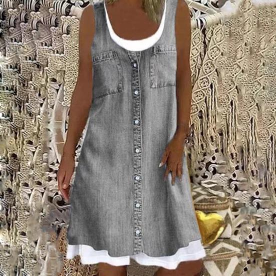 Женское платье без рукавов из двух частей, летнее повседневное платье с круглым вырезом, джинсовый принт, свободное мини-платье А-силуэта