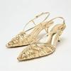 Fashion Luxury Gold Narrow Strap Heeled Sandals Women Sexy Pointed Toe Back Strap Roman Style Pumps Elegant Fashion Banquet Wedding Shoe
