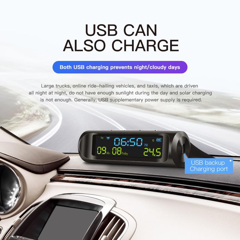 Автомобильные USB-часы с солнечной зарядкой, умный цифровой дисплей времени, календаря, температуры, светодиодный дисплей, аксессуары для интерьера автомобиля, автозапуск