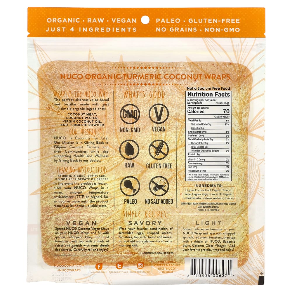 iHerb Nutrition Concept Coconut Wraps with Turmeric, 5 Count (14g Each)