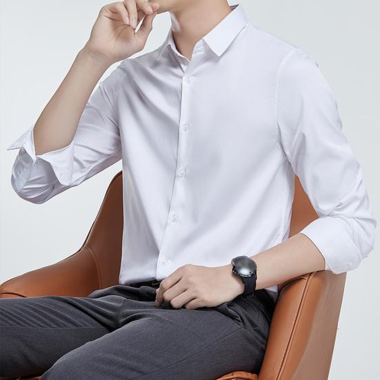 Мужская рубашка весна-осень с отложным воротником, облегающая, эластичная, однобортная, с длинными рукавами, однотонная, средней длины, для деловых мероприятий, офиса