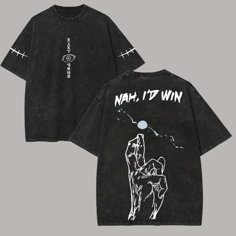 Gojo Nah Id Win T Shirt Jujutsu Kaisen Men Vintage Acid Wash Meme Anime Quote Streetwear Cotton Harajuku Tees 2026 New Summer