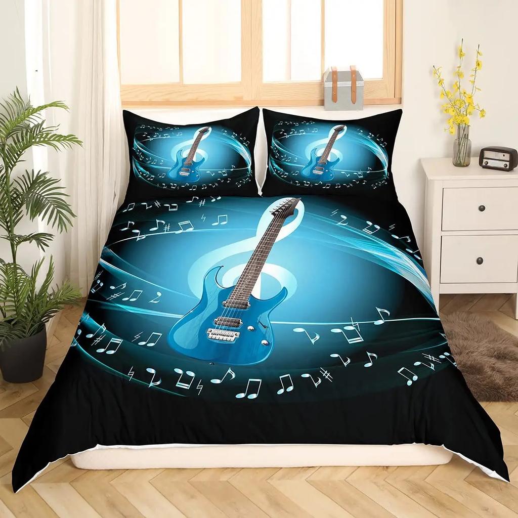 Music Bedding Set Piano Keyboard Music Note Duvet Cover Queen Size Bed Linen Comforter Microfiber Guitar Polyester Bedding Sets