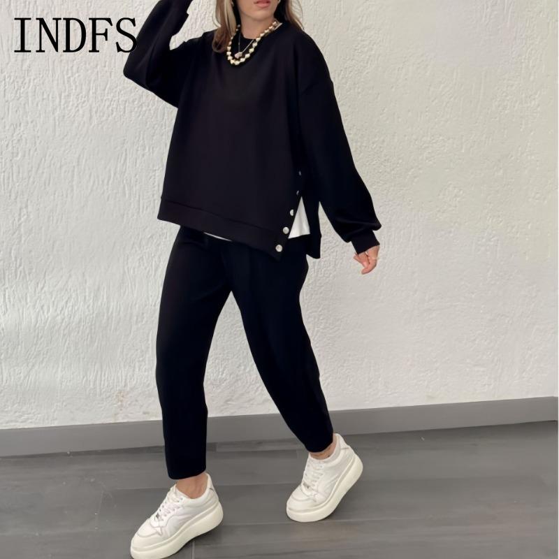 INDFS Women's Fashion Casual Spring Fall Solid Color Print Long Sleeve O-Neck Blouses & Shirts Trousers Pants Suits