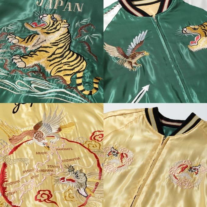 Tailor Toyo Souvenir Jacket Acetate Sukajan ROARING TIGER JAPAN MAP Taylor Toyo TT15682-145 × (JP, Alphabet, XL, Green)