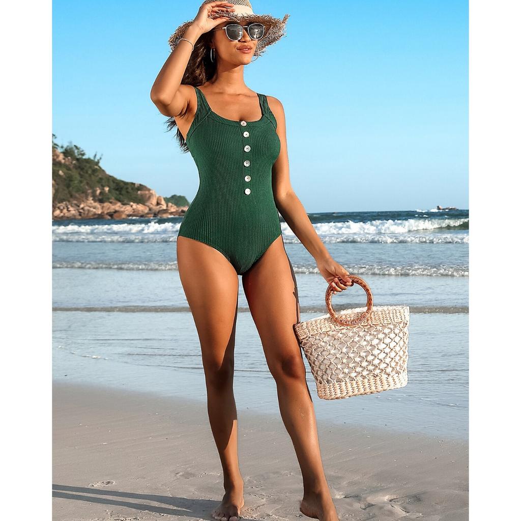 CHARMLEAKS Цельный купальный костюм для женщин, купальный костюм в рубчик с высокой талией, мягкий купальник с вырезом сзади, квадратный вырез, купальник с пуговицами-ракушками