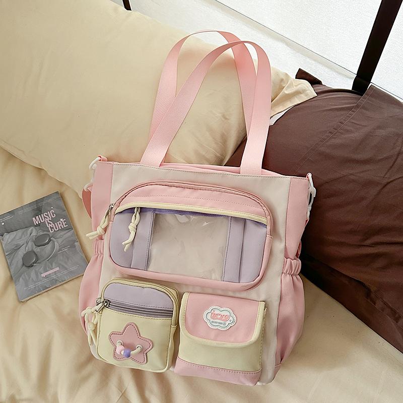 Contrast Color Student Shoulder Bag Girl's Large Capacity Crossbody Tote Bag