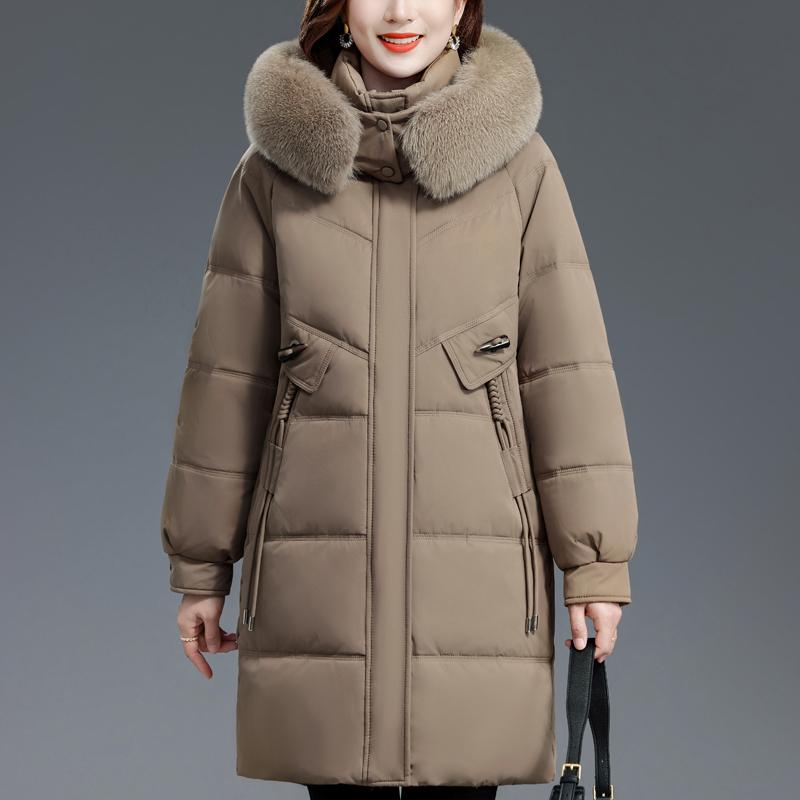 Middle Age Woman Winter Long Coats Hooded Faux Fur Collar Casual Thick Warm Parkas Women's Jackets
