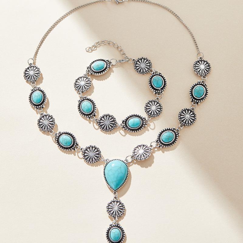 Бохо Имитация Бирюзы Длинные Подвески Ожерелья Цепочка на Грудь Набор Браслетов для Женщин Панк Кубинская Цепочка Ключицы Боди-Джуэлри