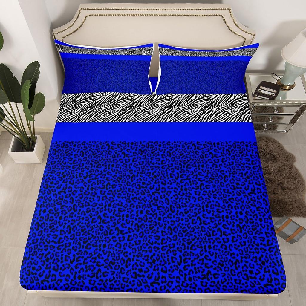 Leopard Kids Fitted Sheet, Black White Striped Bed Cover with Pillowcases, Animal Print Bedding Set for Boys Girls Room Decor