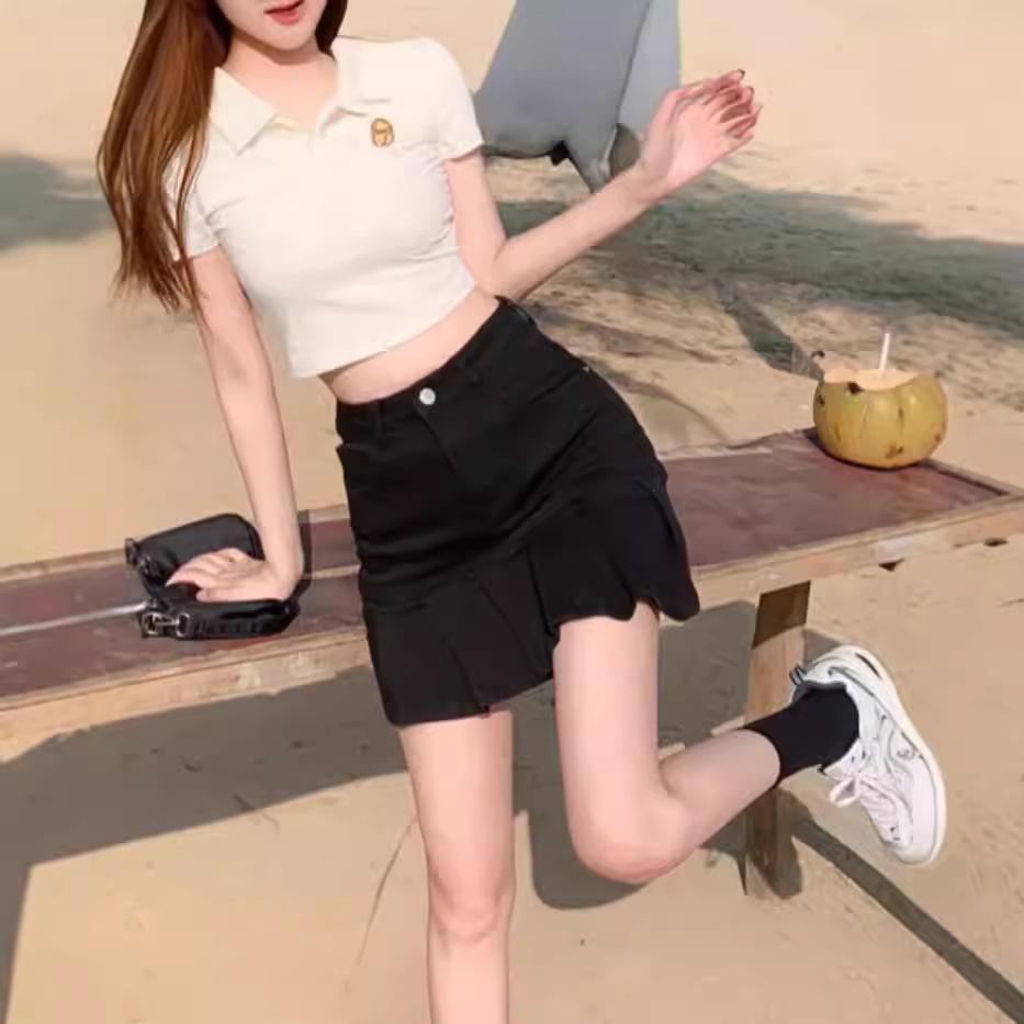 Юбка большого размера черная с завышенной талией и хвостом русалки - Лето 2024 Облегающая, плиссированная короткая в корейском стиле для женщин