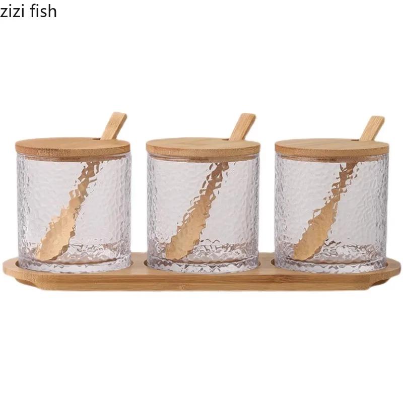 Набор банок для приправ на кухне, стеклянная коробка для приправ с узором из молотка, бамбуковой и деревянной крышкой, солонка, банка для перца, баночки для специй