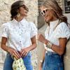 Women Shirt Lapel Puff Short Sleeve Slim Fit Shirt Tops Solid Color Button Closure Hollow Lace Crochet Blouse