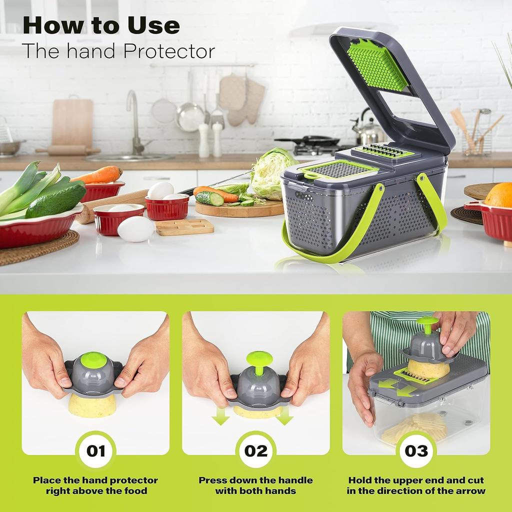 22-in-1 Manual Vegetable Chopper, Stainless Steel/ABS, with Handle, Green/Gray, Kitchen Gadget