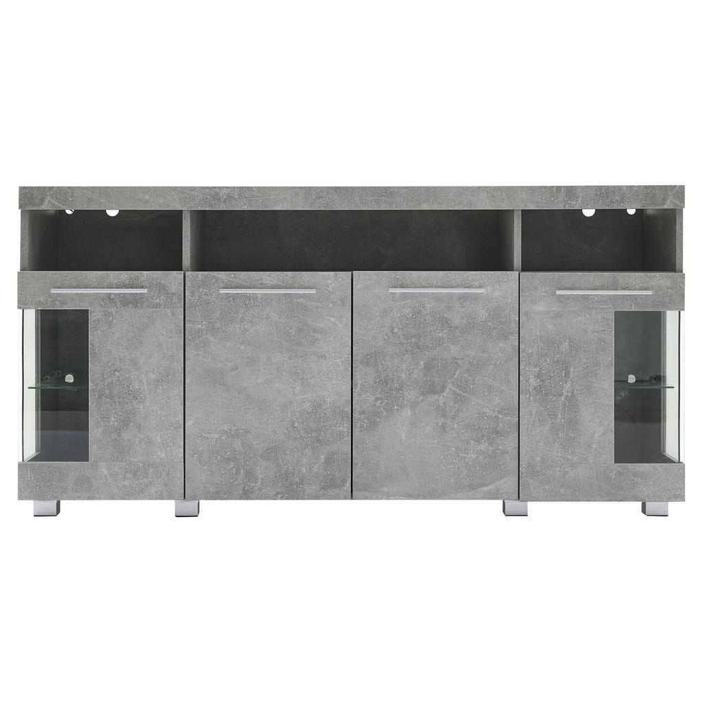 Sideboard Hochglanz Kommode Anrichte Schrank 4 Türen & Offene Staufächer, Mehrzweckschrank Glastüren, Wohnzimmer, Esszimmer, Zementfarbener